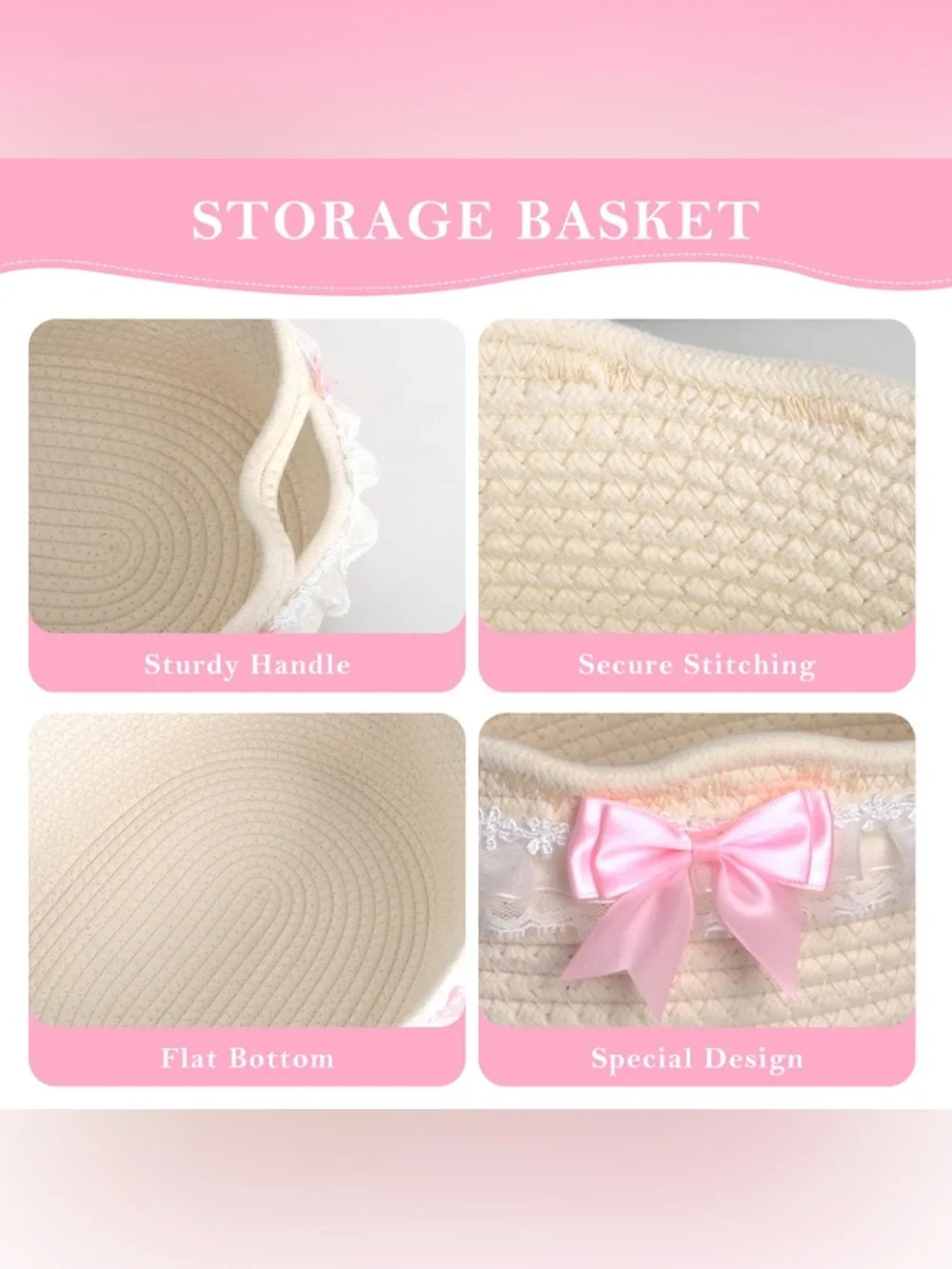 Decorative Pink Ribbon Cotton Rope Gift Basket with Bag & Ribbon